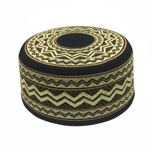 Men's Embroidered Flat Top Prayer Cap, Ethnic Floral Pattern, Traditional Muslim Headwear