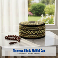 Men's Embroidered Flat Top Prayer Cap, Ethnic Floral Pattern, Traditional Muslim Headwear