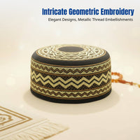 Men's Embroidered Flat Top Prayer Cap, Ethnic Floral Pattern, Traditional Muslim Headwear