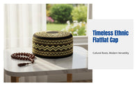 Men's Embroidered Flat Top Prayer Cap, Ethnic Floral Pattern, Traditional Muslim Headwear