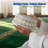 Men's Embroidered Flat Top Cap, Saudi Hard Muslim Prayer Hat, Black Cream, Performance