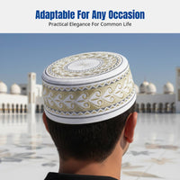 Men's Embroidered Flat Top Cap, Saudi Hard Muslim Prayer Hat, Black Cream, Performance