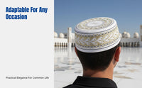 Men's Embroidered Flat Top Cap, Saudi Hard Muslim Prayer Hat, Black Cream, Performance
