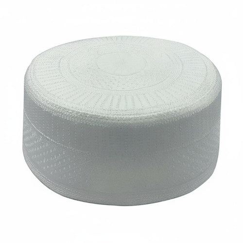 Men's Muslim Prayer Cap, Flat Top Embroidered Hat, Navy Base with Cream Thread, Breathable Polyester, Traditional Design