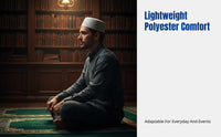 Men's Muslim Prayer Cap, Flat Top Embroidered Hat, Navy Base with Cream Thread, Breathable Polyester, Traditional Design