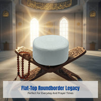 Men's Muslim Prayer Cap, Flat Top Embroidered Hat, Navy Base with Cream Thread, Breathable Polyester, Traditional Design