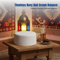 Men's Muslim Prayer Cap, Flat Top Embroidered Hat, Navy Base with Cream Thread, Breathable Polyester, Traditional Design
