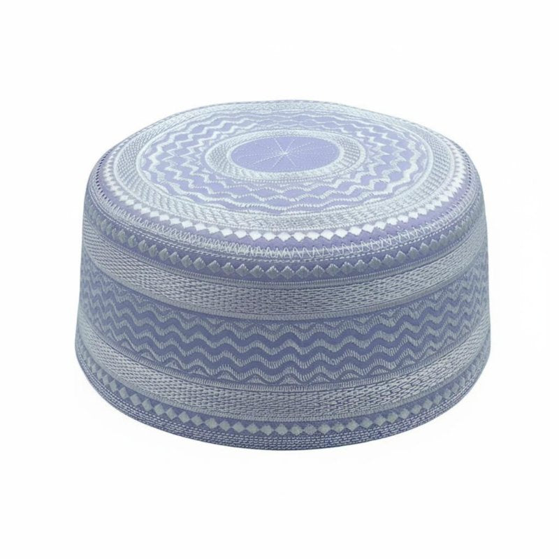 Men's Cream Prayer Cap, Flat Top, Embroidered Geometric Pattern, Ethnic Design, Saudi Hui Muslim