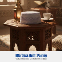 Men's Cream Prayer Cap, Flat Top, Embroidered Geometric Pattern, Ethnic Design, Saudi Hui Muslim