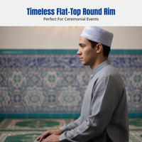 Men's Cream Prayer Cap, Flat Top, Embroidered Geometric Pattern, Ethnic Design, Saudi Hui Muslim
