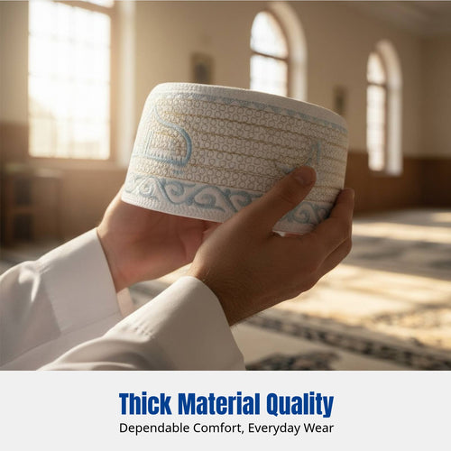 Embroidered Prayer Cap for Men, Thickened Muslim Hat, Traditional Ethnic Style, Polyester, Cream Floral Pattern