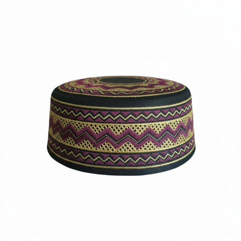 Flat Top Embroidered Prayer Cap, Geometric, Youth, Red/Navy
