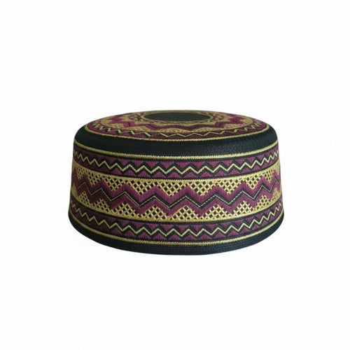 Flat Top Embroidered Prayer Cap, Geometric, Youth, Red/Navy