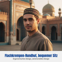 Flat Top Embroidered Prayer Cap, Geometric, Youth, Red/Navy