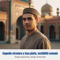 Flat Top Embroidered Prayer Cap, Geometric, Youth, Red/Navy