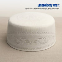 Men's Cream Muslim Prayer Cap, Geometric Embroidery, Flat Top, Round Design, Stylish, Suitable for Worship and Performance