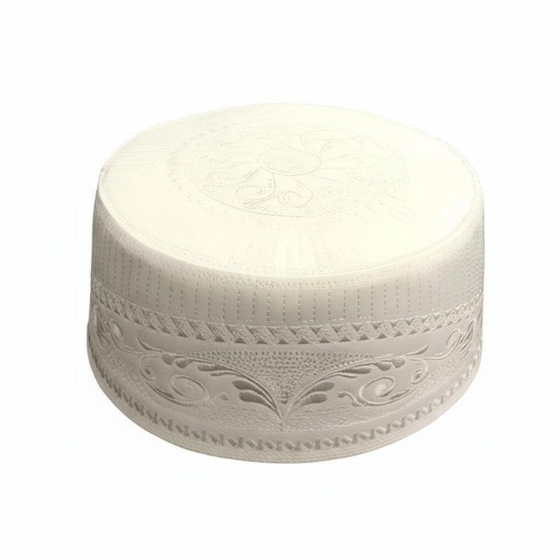Men's Cream Muslim Prayer Cap, Geometric Embroidery, Flat Top, Round Design, Stylish, Suitable for Worship and Performance