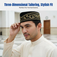 Ethnic Design Plush Songkok, Embroidered Prayer Cap, Men's Wedding, Festive, Designer