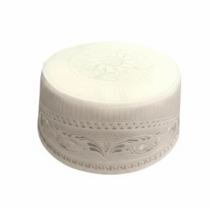 Embroidered Cream Muslim Cap for Men, Flat Top Round, Geometric Floral, Comfortable, Worship, Stylish Accessory