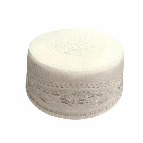 Embroidered Cream Muslim Cap for Men, Flat Top Round, Geometric Floral, Comfortable, Worship, Stylish Accessory