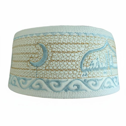 Men's Embroidered Prayer Cap, Thick Muslim Hat, Saudi Ethnic Style, Floral Pattern, Round Top, Sun Protection