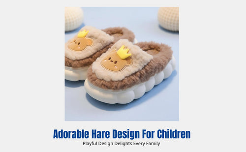Cute Bunny Winter Kids Slippers, Plush Lined, Non-Slip, Thick Sole, Indoor Warm Home Shoes, Parent-Child