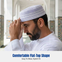 Men's Embroidered Ethnic Cap, Saudi Flat Top, Contemporary Design, Round Edge, Brimless