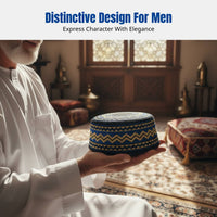 Men's Embroidered Ethnic Cap, Saudi Flat Top, Contemporary Design, Round Edge, Brimless