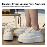 Thick Sole Cream Athletic Shoes for Women, 2025 New Season, Height Increasing, Relaxed Sport Shoes, Lace-Up, Stylish Design