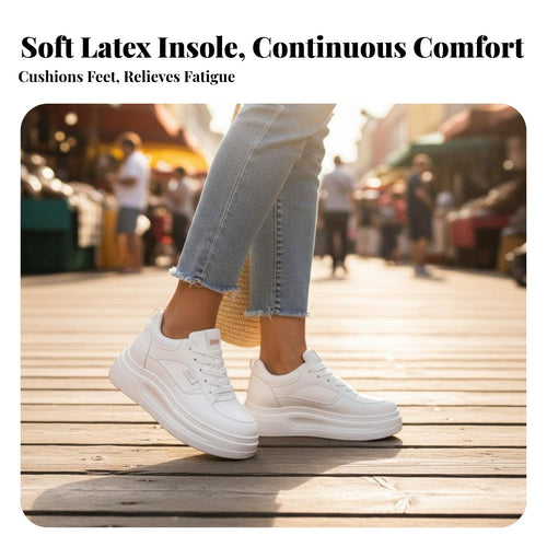 Casual cream sneakers, 8cm thick sole, height boost, lace-up, women