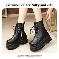 Genuine Leather Ankle Boots, British Style Elevated Short Boots, 9cm Thick Sole Leg Effect, Fastener Closure