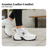 Chunky Dad Shoes for Women, 2024 New Cross Flower Design, Thick Sole, Height Boost, Genuine Leather, Cream, Breathable Mesh, Lace-Up