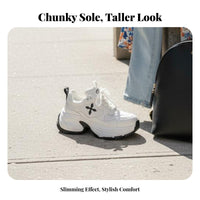 Chunky Dad Shoes for Women, 2024 New Cross Flower Design, Thick Sole, Height Boost, Genuine Leather, Cream, Breathable Mesh, Lace-Up