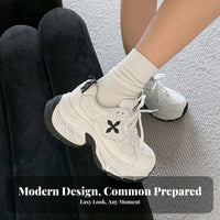 Chunky Dad Shoes for Women, 2024 New Cross Flower Design, Thick Sole, Height Boost, Genuine Leather, Cream, Breathable Mesh, Lace-Up