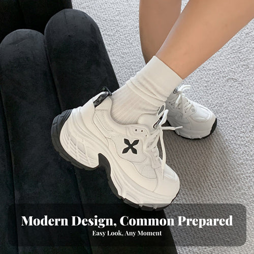Chunky Dad Shoes for Women, 2024 New Cross Flower Design, Thick Sole, Height Boost, Genuine Leather, Cream, Breathable Mesh, Lace-Up