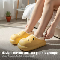 Non-Slip Waterproof Cotton House Shoes, Cartoon Teddy, Warm Plush, Winter, Parent-Child