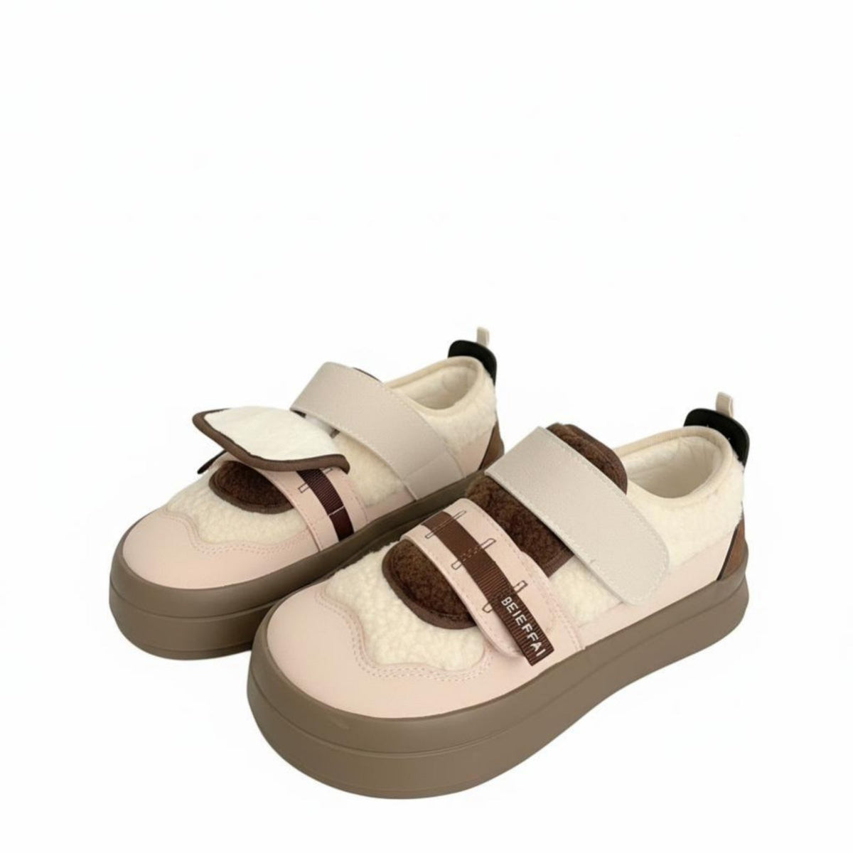 Rose lamb wool fleece-lined sneakers, hook and loop board shoes, women's sporty look, chic and unique student style