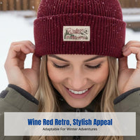Knit Beanie, Wine Red, Double-Layer Warm Hat, USA-Inspired, Women's Winter Ski Cap, Breathable, Large Head Fit