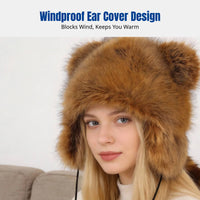 Cute Raccoon Ushanka Hat, Faux Earflap, Thick Plush, Winter Warm Windproof Hat for Women