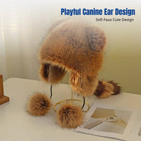 Cute Raccoon Ushanka Hat, Faux Earflap, Thick Plush, Winter Warm Windproof Hat for Women