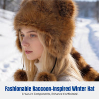 Cute Raccoon Ushanka Hat, Faux Earflap, Thick Plush, Winter Warm Windproof Hat for Women
