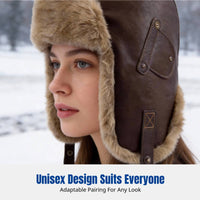 PU Leather Trapper Hat, Vintage Airman Winter Earflap Cap, Thick Fleece, Unisex Windproof for Cycling Skiing
