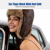 PU Leather Trapper Hat, Vintage Airman Winter Earflap Cap, Thick Fleece, Unisex Windproof for Cycling Skiing