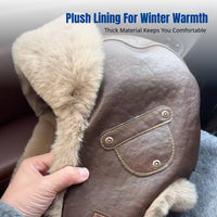 PU Leather Trapper Hat, Vintage Airman Winter Earflap Cap, Thick Fleece, Unisex Windproof for Cycling Skiing