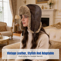 PU Leather Trapper Hat, Vintage Airman Winter Earflap Cap, Thick Fleece, Unisex Windproof for Cycling Skiing