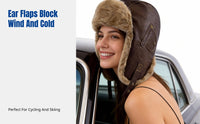 PU Leather Trapper Hat, Vintage Airman Winter Earflap Cap, Thick Fleece, Unisex Windproof for Cycling Skiing