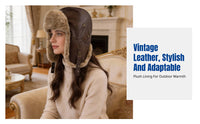 PU Leather Trapper Hat, Vintage Airman Winter Earflap Cap, Thick Fleece, Unisex Windproof for Cycling Skiing