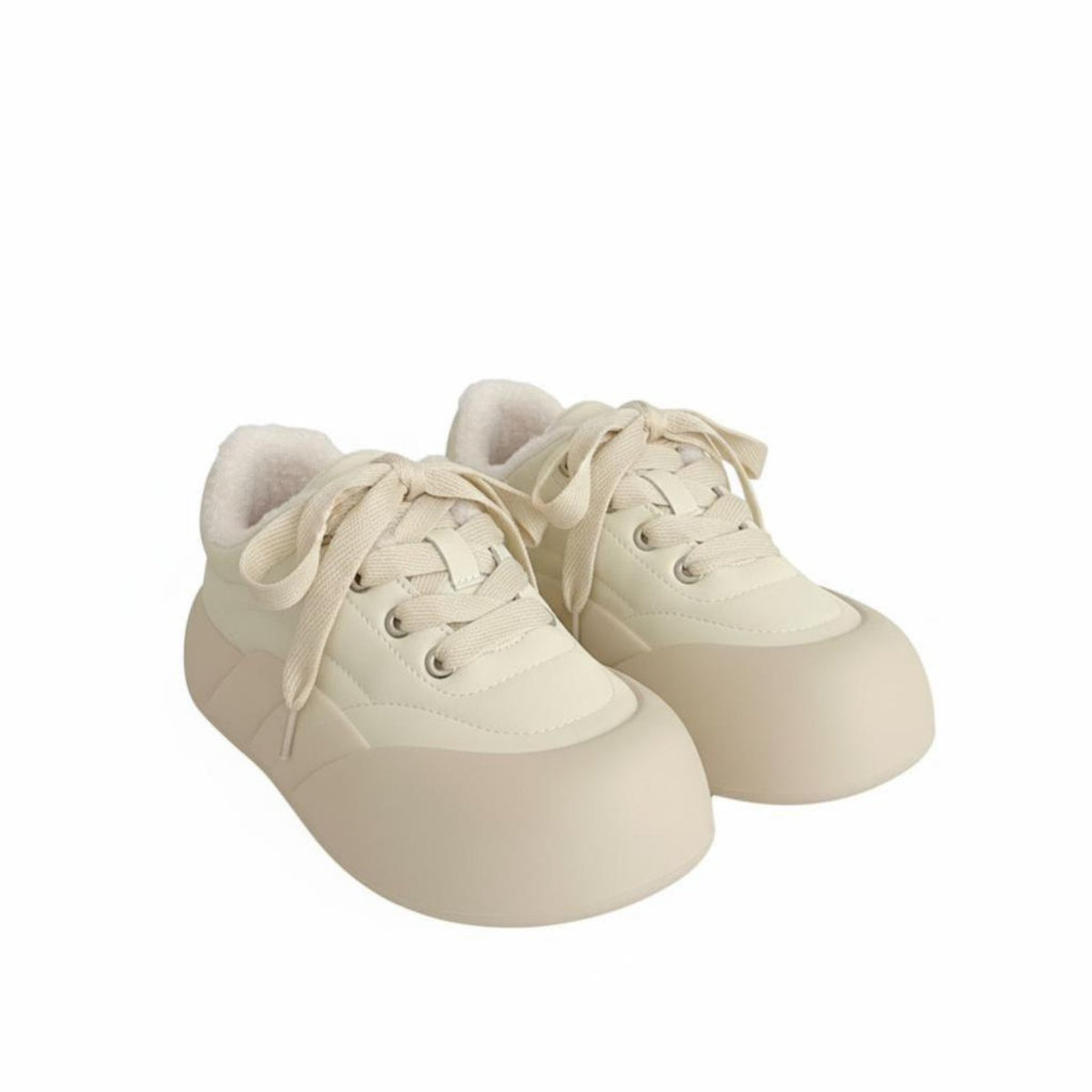 Milk Cream Plush Sneakers, Women's Winter Thick Sole, Round Toe, Chic Korean Style, Cute Bread Shoe