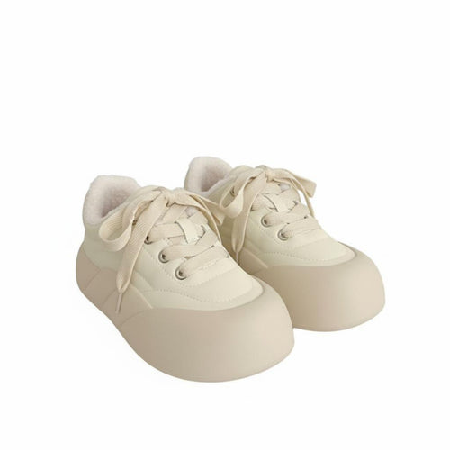 Milk Cream Plush Sneakers, Women's Winter Thick Sole, Round Toe, Chic Korean Style, Cute Bread Shoe
