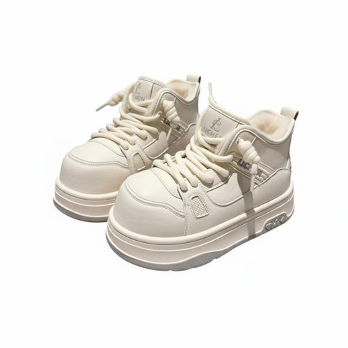 Women's Winter Boots, Thick Sole Loafers, Plush Lined, Relaxed Cream Shoes, Youth Style